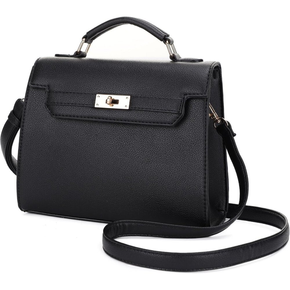 Women's Vegan Leather Detachable Strap Handle Black Crossbody Satchel Bag